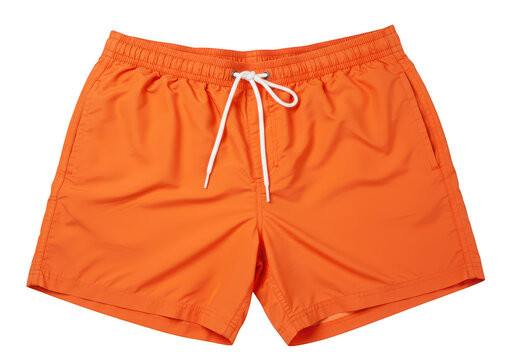 A pair of vibrant orange swim shorts with adjustable drawstring isolated on transparent background