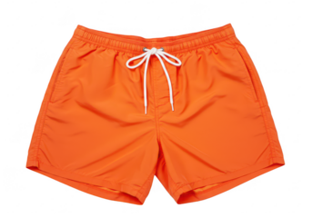 A pair of vibrant orange swim shorts with adjustable drawstring isolated on transparent background