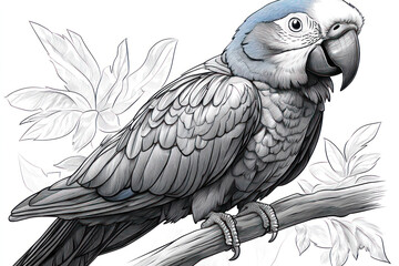 Fototapeta premium a parrot sitting on a branch, executed in a graphic style with detailed feathers. 