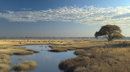 African Savanna Landscape with Waterhole and Wildlife