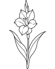 Intricate line drawing of a blooming flower surrounded by leaves