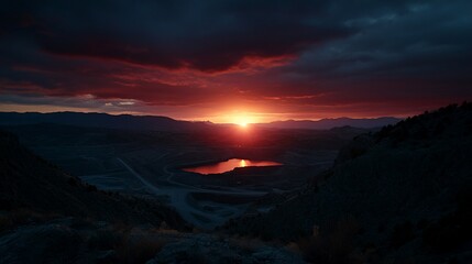 Fiery sunset over quarry lake, mountains, dramatic sky, landscape