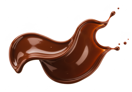 A rich glossy splash of melted chocolate with smooth flowing curves isolated on transparent background