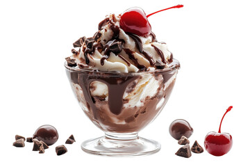 Delicious chocolate sundae topped with cherries and whipped cream served in a glass bowl