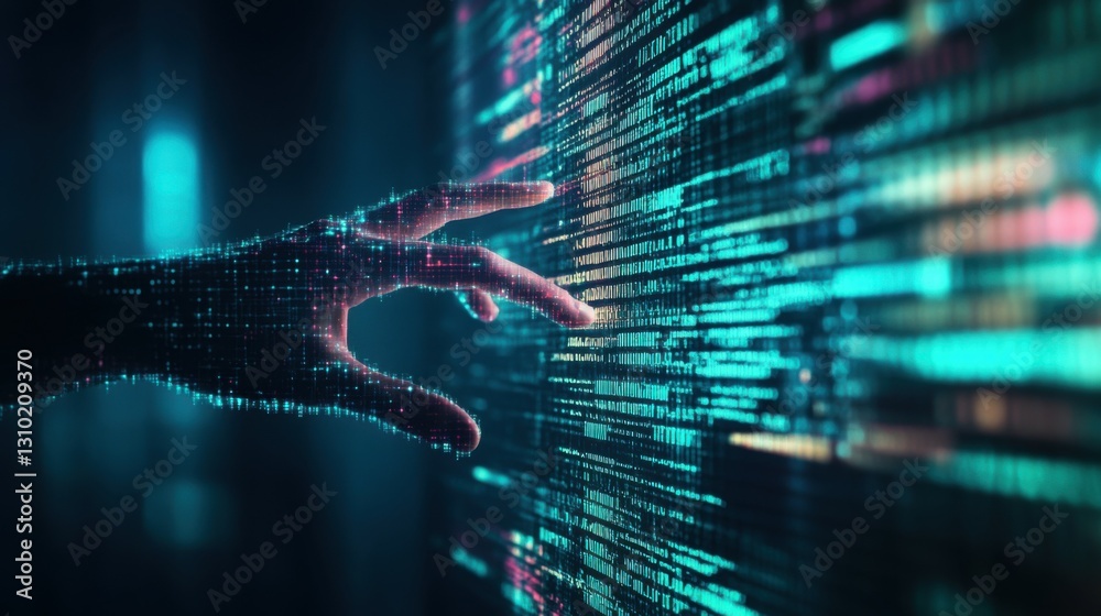 Wall mural cyber attack a hacker's hand reaching out from a digital screen, representing a cyber attack that le