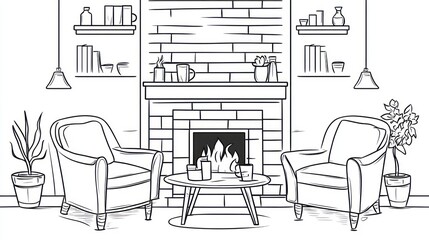 Cozy Living Room with Fireplace, Hand-Drawn Style