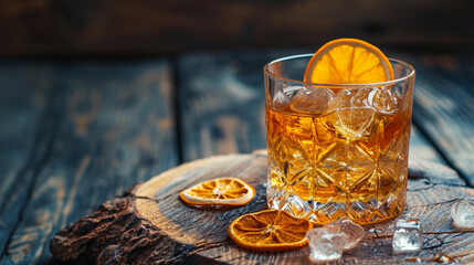 Old fashioned cocktail with ice and dried orange