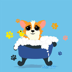 Cute corgi enjoying a bubble bath in a grooming salon. Perfect for pet care branding, spa promotions, kids' illustrations, self-care themes, hygiene campaigns, and cheerful home decor 