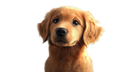 A charming golden retriever puppy on a transparent background, portrayed with realistic fur details, soft lighting, and an inviting portrait style