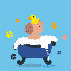 Cute capybara enjoying a bubble bath with a rubber duck in a grooming salon. Perfect for pet care branding, spa promotions, wellness designs, self-care campaigns, kids' prints, and cheerful home decor