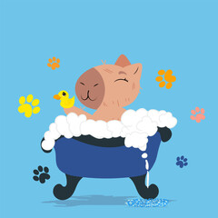 Cute capybara enjoying a bubble bath with a rubber duck in a grooming salon. Perfect for pet care branding, spa promotions, wellness designs, self-care campaigns, kids' prints, and cheerful home decor