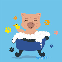 Cute capybara enjoying a bubble bath with a rubber duck in a grooming salon. Perfect for pet care branding, spa promotions, wellness designs, self-care campaigns, kids' prints, and cheerful home decor