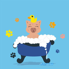 Adorable capybara enjoying a relaxing bath with a rubber duck in a grooming salon. A playful and heartwarming design perfect for kids’ prints, nursery decor, spa themes