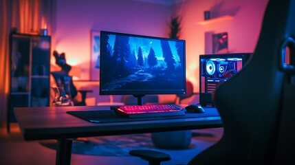 Fototapeta premium Gamer plays game in vibrant home office