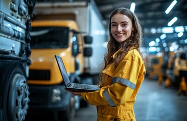 Female mechanic with laptop and contortionist working on truck in workshop