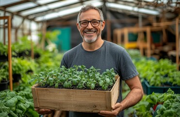 Happy middle-aged farmer with glasses holding a wooden box with seedlings inside a greenhouse