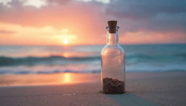 Bottle with cork filled with small stones stands on sandy sea beach against colorful romantic sunset. Concept of message in bottle, travel adventure, or saving memories from vacation at sea.