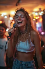 Young woman singing with microphone, boyfriend dancing at home, karaoke night fun
