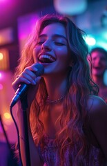 Young woman singing with microphone, boyfriend dancing at home, karaoke night fun