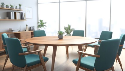Modern Teal Chairs Surround Wooden Table In Bright Room