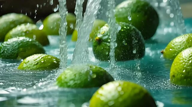 Green limes splashing in water with droplets frozen in motion
