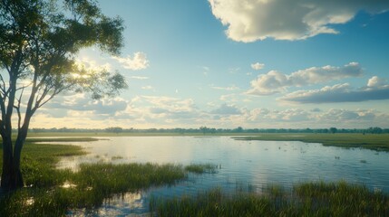 Fototapeta premium Serene riverside landscape at sunrise with a lone tree
