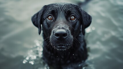 A black dog is swimming in the water