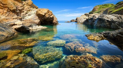 Coastal rock pools, clear turquoise water, sunny cove, distant ocean