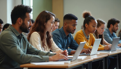 Multiethnic group of students attend IT lecture in college. Young people work on laptops. They learning new academic skills in diverse classroom. Information technology courses in modern university.