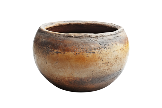 Handcrafted clay pot with rustic texture, showcasing ancient pottery techniques and natural earth tones, perfect for decorative use