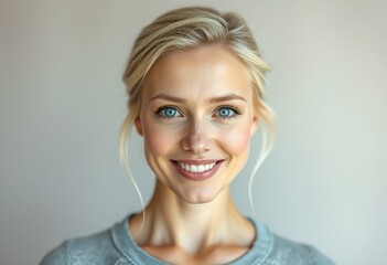 Fototapeta premium Portrait of a happy Nordic blond woman with bright blue eyes