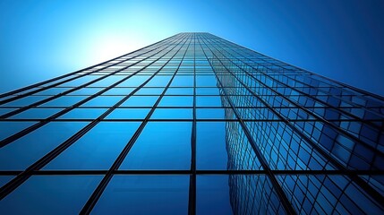 Modern skyscraper reaching towards a clear blue sky with reflective glass facade