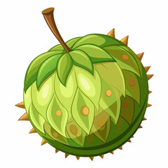Cartoon-style green fruit with leaves and spikes on a white background