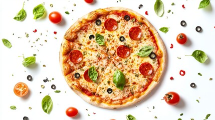 A delicious pizza with ingredients appearing to float around it, set against a white background.