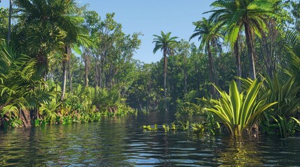 Tropical River Landscape, Lush Jungle Path, Sunny Day
