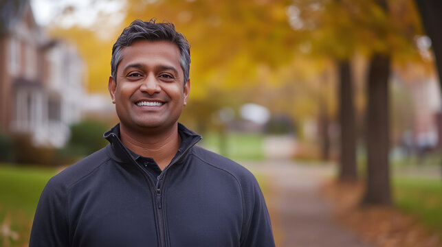 South Asian Man in His Early 40s Smiling Softly While Taking a Walk in a Quiet Neighborhood Park