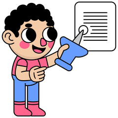 cute kid pushing a pin on a document
