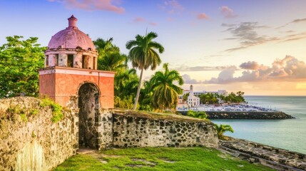 Coastal fortress archway at sunset, tropical island