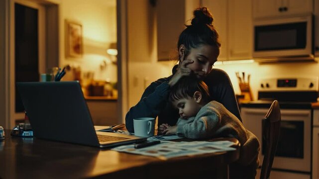 Exhausted mother working late at night with her child asleep on her lap, overwhelmed by responsibilities and stress. Video made using Generative AI.