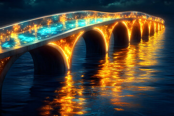 Illuminated Bridge at Night Over Water