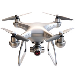 Sleek QuadCopter Drone with Four Propellers, Metallic Design, Stabilized Camera and Landing Gear, Isolated on Transparent Background