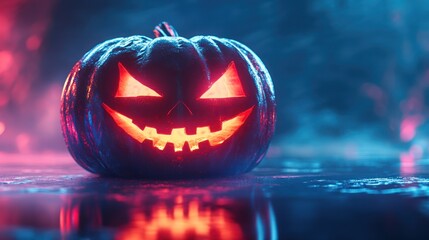 Glowing Halloween pumpkin with spooky face.