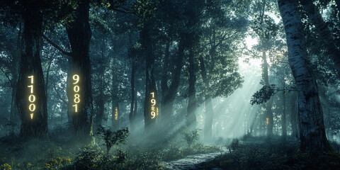 Obraz premium Mystical scenes with esoteric symbols: numerology, astrology, tarot, magic numbers, and cosmic energy. Enchanted forests, celestial signs, and glowing symbols in the darkness