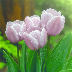 Fototapeta premium A beautiful close-up of pink tulips in a garden with soft lighting and raindrops, symbolizing the renewal of nature. The image evokes peace and calm with its natural setting.