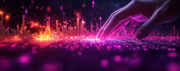 Hand Interacting with Vibrant Data Visualization in Futuristic Purple Tones
