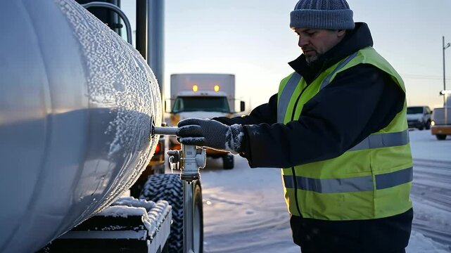 1_Truck driver inspecting propane tank at rural depot