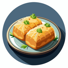 Delicious plated dish featuring two golden-brown pastries with herbs