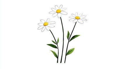   Three white daisies with green leaves on a white background featuring a yellow center in the image's focal point