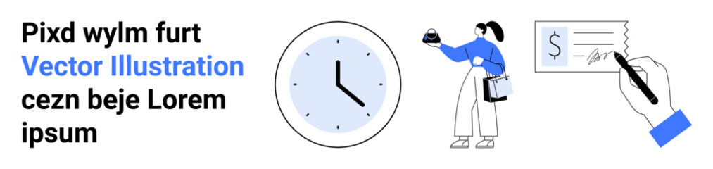 Clock symbolizing time, person handling tasks, and hand signing paper. Ideal for time management, productivity, business workflow, deadlines, employee tasks, efficiency flat landing page banner