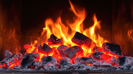 Vibrant orange and red flames over glowing charcoal in fireplace